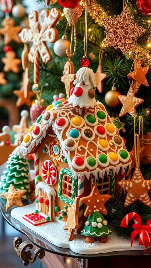 Gingerbread Christmas Decor Ideas A charming gingerbread house with candy decorations and gingerbread ornaments on a Christmas tree.